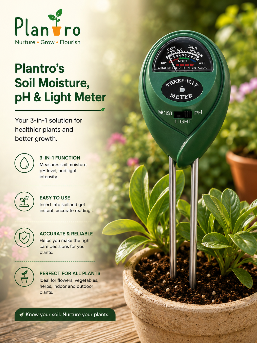 Plantro Soil Moisture, pH & Light Meter